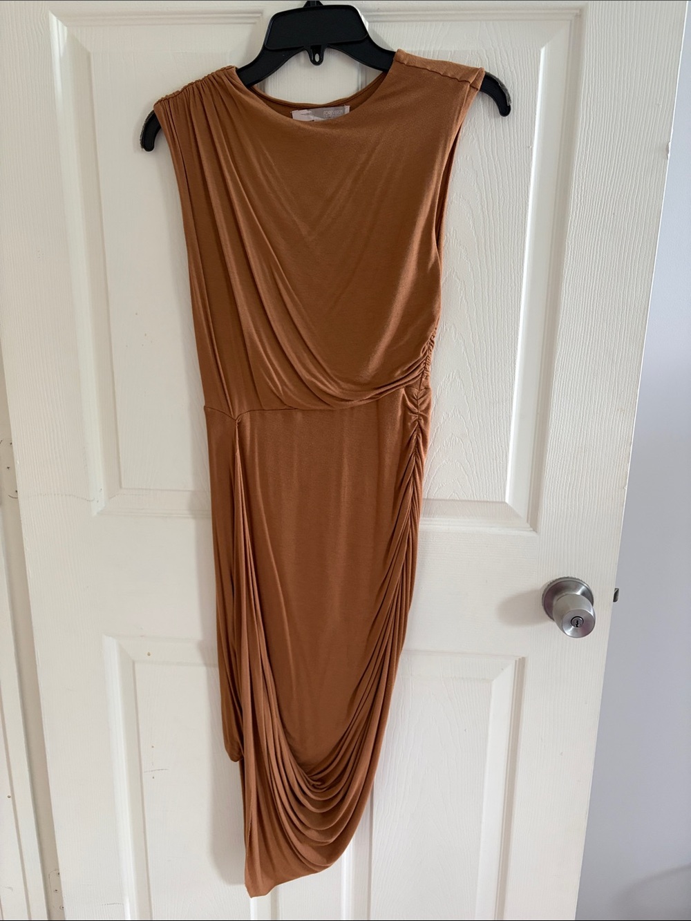 Forever 21 One-Shoulder Draped Midi Dress in Caramel Brown